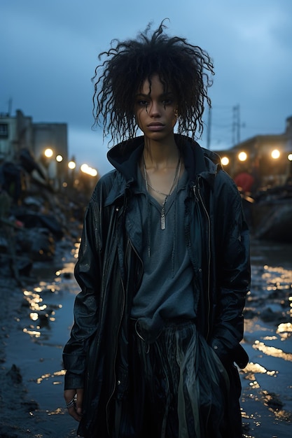 une femme en manteau noir