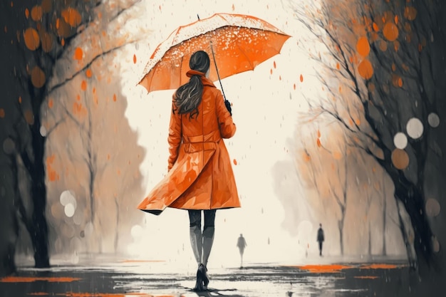 Une femme en manteau rouge marche sous la pluie avec un parapluie.