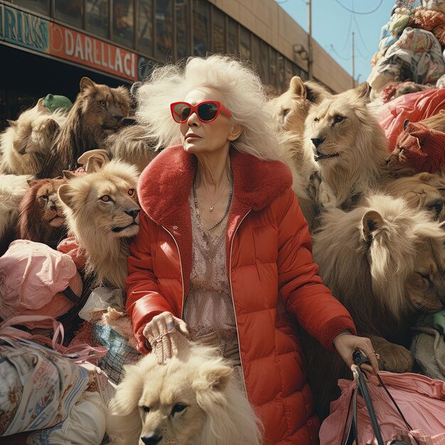 une femme en manteau rouge se promène avec des chèvres