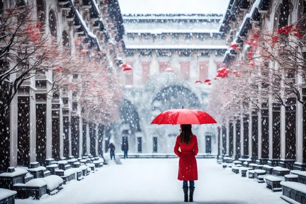 une femme en manteau rouge se tient dans la neige avec un parapluie