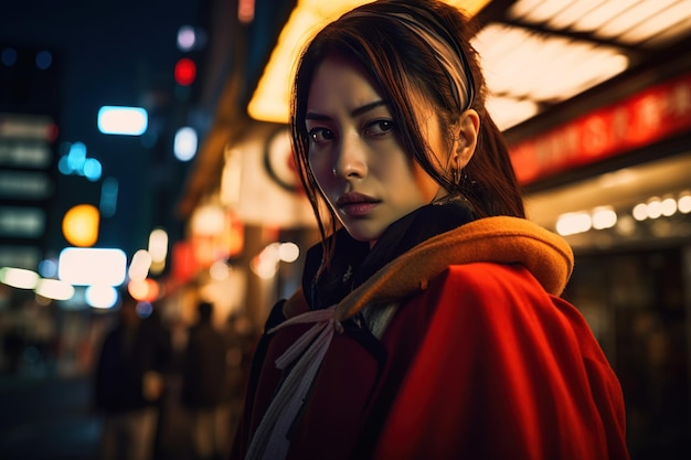 Une femme en manteau rouge se tient devant la devanture d'un magasin avec une pancarte indiquant "shibuya"