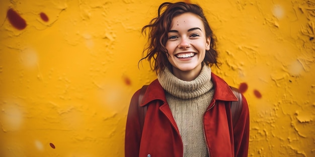 Une femme en manteau rouge sourit devant un mur jaune