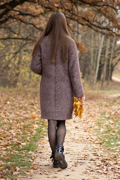 Une femme en manteau se promène dans un parc d'automne le long d'un chemin entre les arbres.
