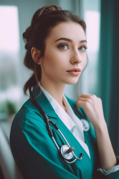 Une femme en manteau vert avec un stéthoscope sur le cou se tient devant une fenêtre