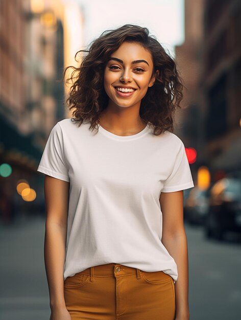 Femme en maquette de t-shirt blanc vierge