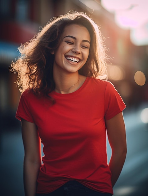 Femme en maquette de t-shirt rouge vierge