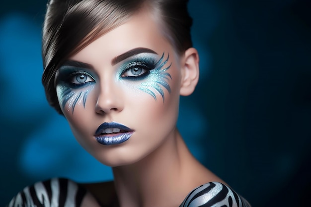 Une femme avec un maquillage bleu et blanc