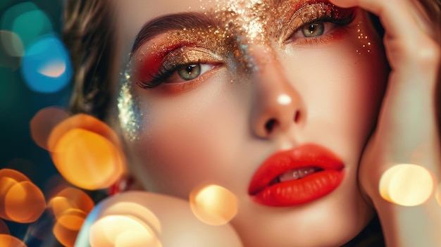 Une femme avec un maquillage brillant et des paillettes sur le visage