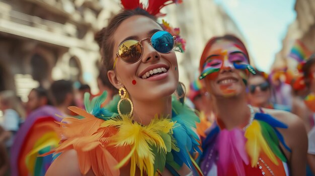 Une femme avec un maquillage coloré et des plumes de la fierté LGBT