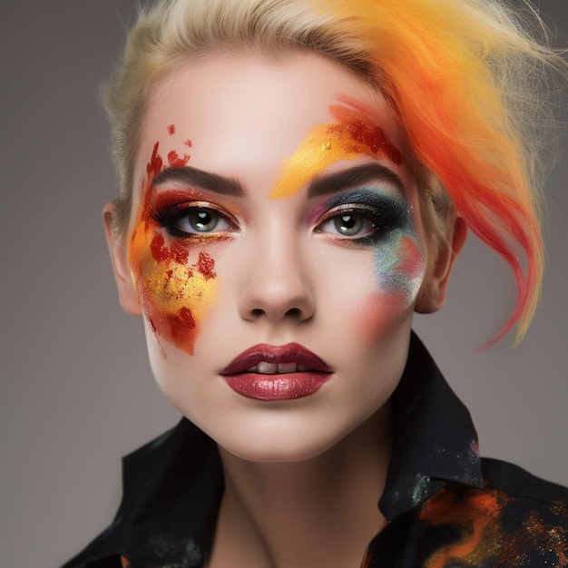 Une femme avec un maquillage coloré sur son visage