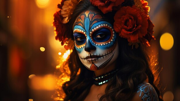Femme avec maquillage et costume de crâne du jour des morts, art de la tradition mexicaine