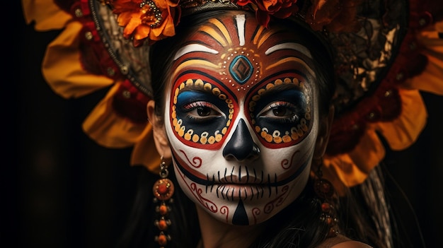 Femme avec maquillage de crâne et cheveux fleuris Jour des Morts