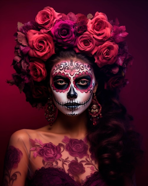 Femme avec maquillage de crâne et couronne de fleurs jour des morts