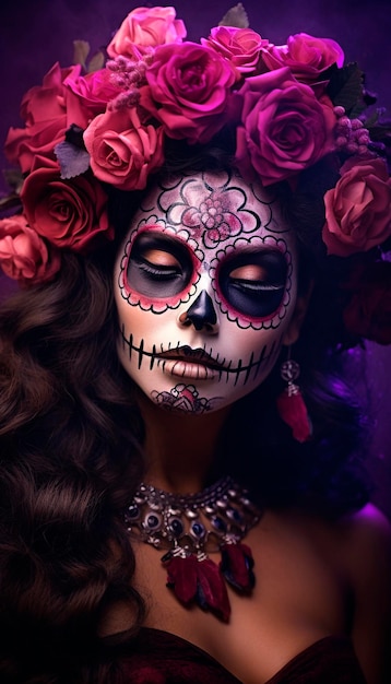 Femme avec maquillage de crâne et couronne de fleurs jour des morts