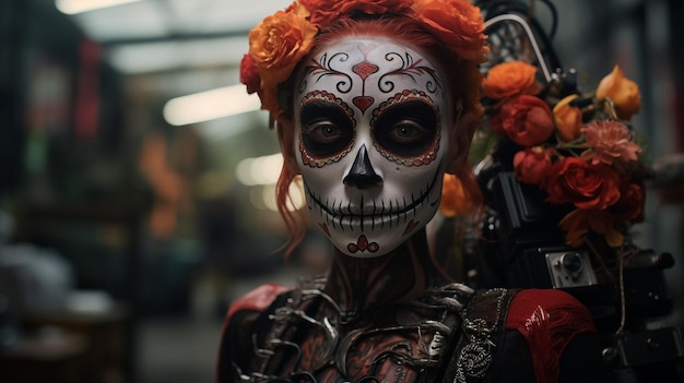Femme avec maquillage de crâne et décoration de cheveux fleuris Jour des Morts