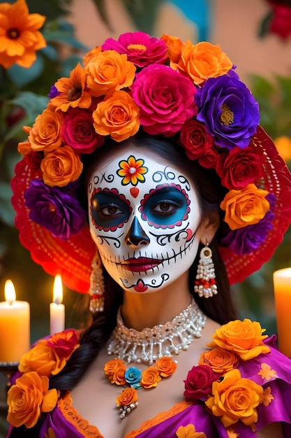 Photo une femme avec un maquillage de crâne de sucre au défilé du dia de los muertos