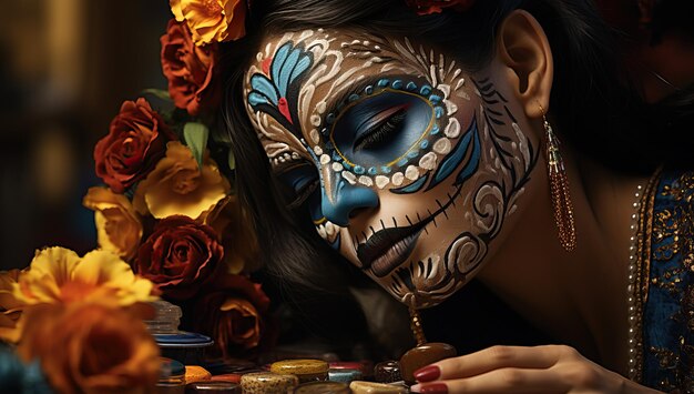 Femme avec maquillage crâne en sucre Dia de los muertos Jour des Morts