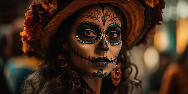 Une femme avec un maquillage de crâne de sucre