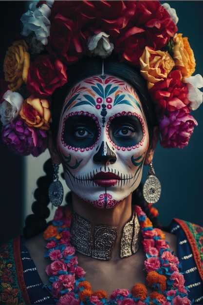 Une femme avec un maquillage de crâne de sucre