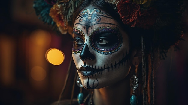 Une femme avec un maquillage de crâne de sucre