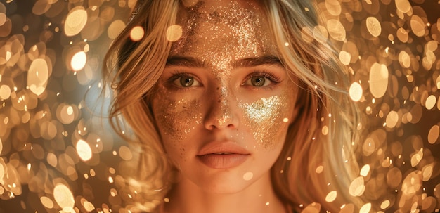 Une femme avec un maquillage doré brillant dans la lumière bokeh