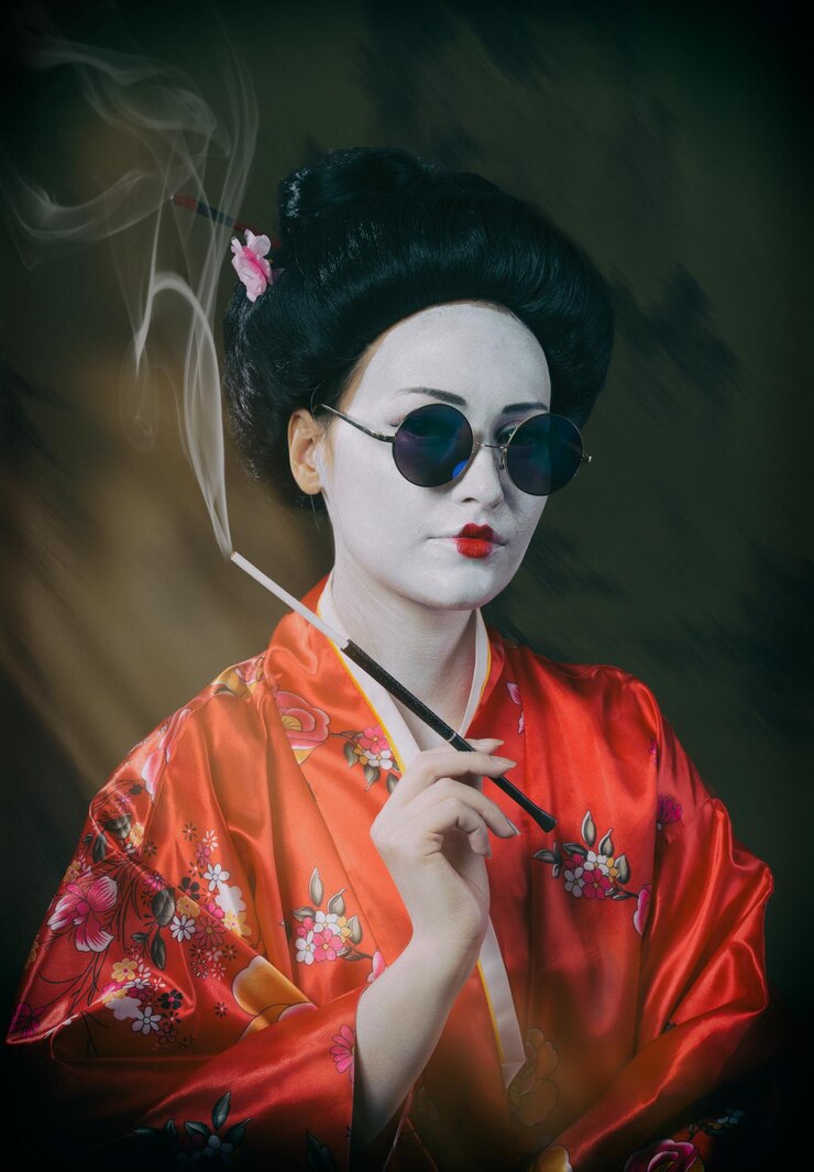 Photo femme en maquillage de geisha portant des lunettes de soleil et fumant une cigarette