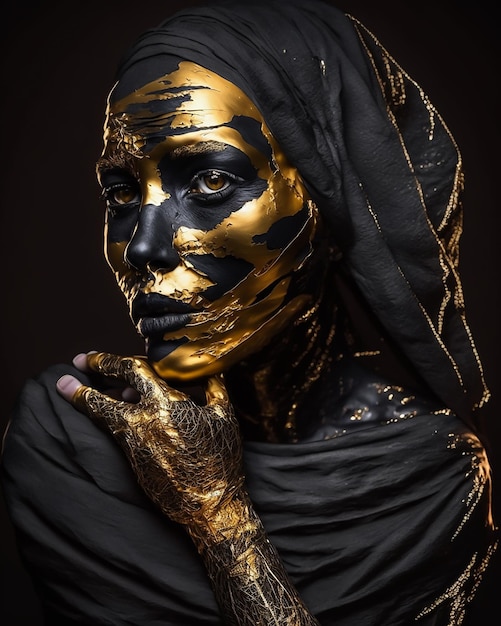 Une femme avec un maquillage noir et or