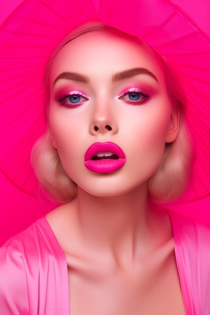 Femme avec un maquillage rose vif et un chapeau de parasol rose sur la tête AI générative