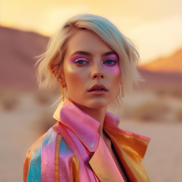 une femme avec un maquillage rose et violet sur son visage.