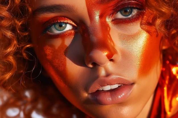 Une femme avec un maquillage rouge et un visage orange vif.