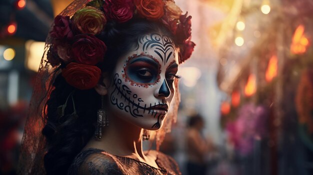 Femme Avec Maquillage Squelette Tenant Une Arme à Feu Le Jour Des Morts