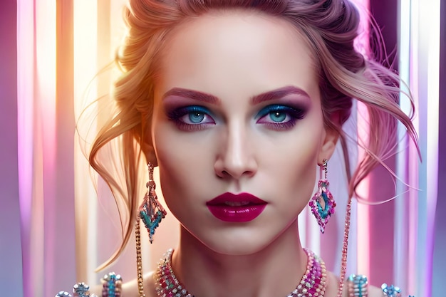 Une femme avec un maquillage des yeux bleus et des yeux roses