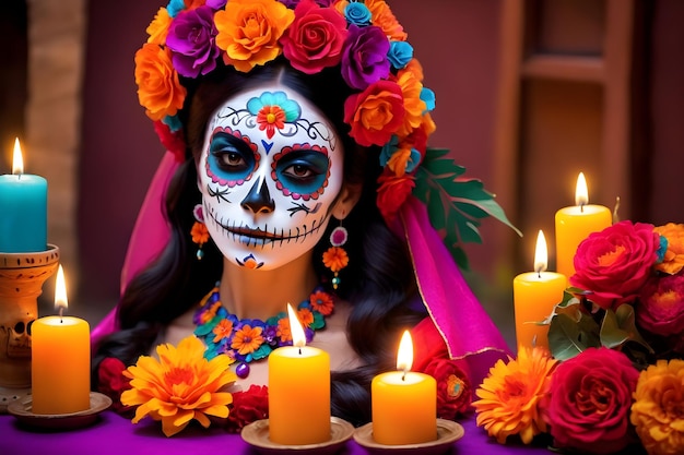 Photo une femme maquillée en forme de crâne en sucre lors du défilé dia de los muertos