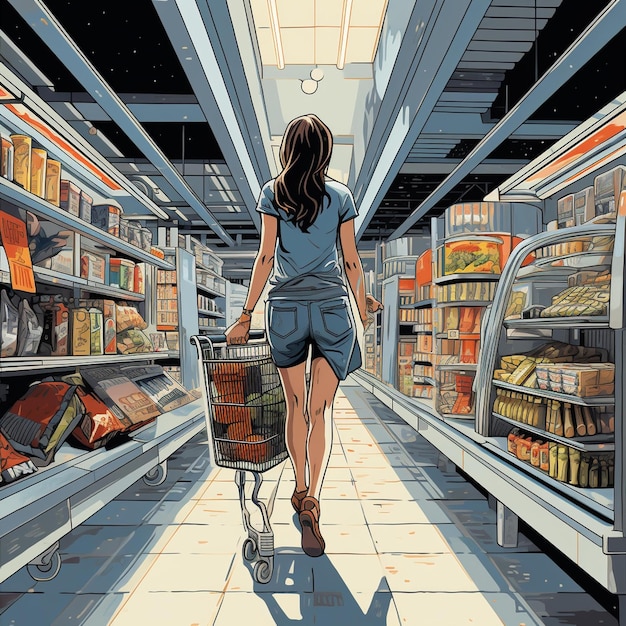 Femme marchant dans une allée d'épicerie avec un panier