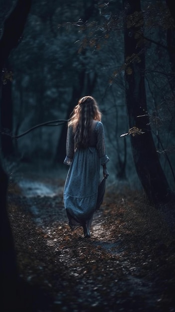 Une femme marchant dans une forêt sombre avec une hache à la main.