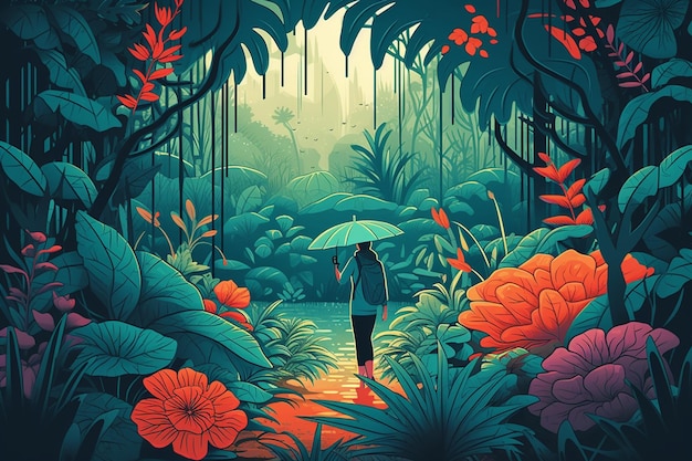 Femme marchant dans la forêt tropicale avec le brouillard et la lumière du soleil rendu en 3D