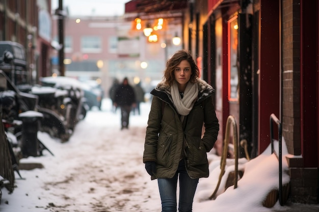 Femme marchant dans un paysage urbain enneigé