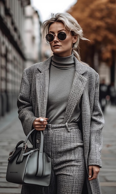 Une femme marchant dans la rue dans une veste drapée avec un pantalon avec un sac à main en gris généré par l'IA AI generative AI generative