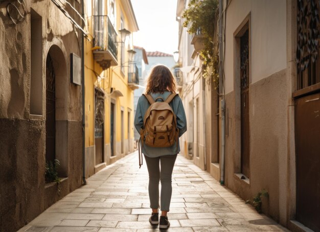 Photo une femme marchant dans la rue avec un sac à dos jaune