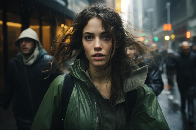 Une femme marchant dans la rue sous la pluie