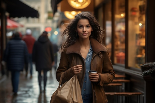 Une femme marchant dans la rue tenant un sac brun AI