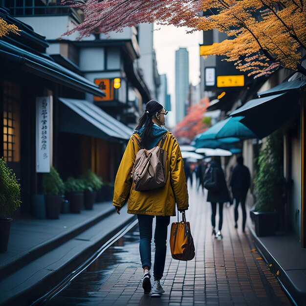 Une femme marchant dans une rue avec une veste jaune.