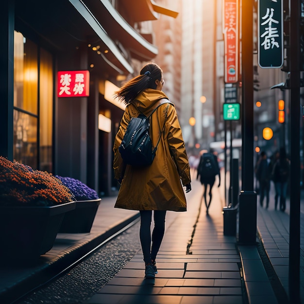 Une femme marchant dans une rue vêtue d'un manteau jaune avec le mot "chinois" sur le devant.