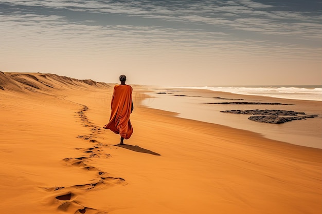 Femme marchant sur les dunes de sable d'une plage seule