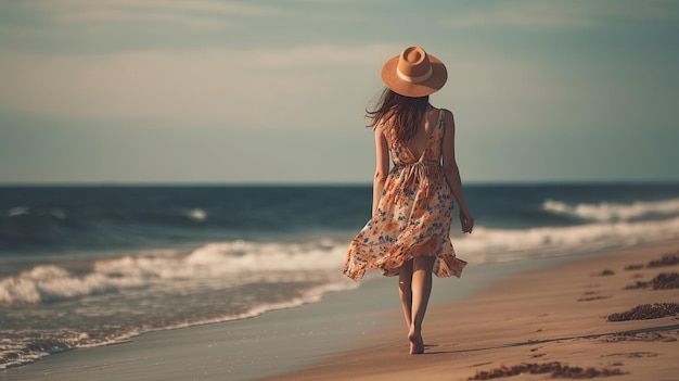 Femme marchant sur la mer de la plage ensoleillée générée par l'IA