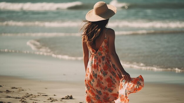 Femme marchant sur la mer de la plage ensoleillée générée par l'IA