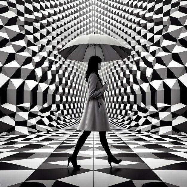 Photo une femme marchant avec un parapluie en noir et blanc dans le style de structures géométriques