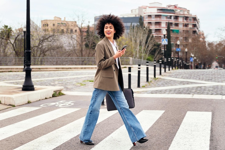Photo femme marchant sur un passage pour piétons à l'aide de son téléphone intelligent
