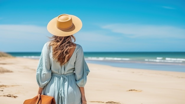 Femme marchant sur la plage avec chapeau et sac