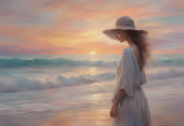 femme marchant sur une plage de sable avec un coucher de soleil en arrière-planfemme marchant sur une plage de sable avec un
